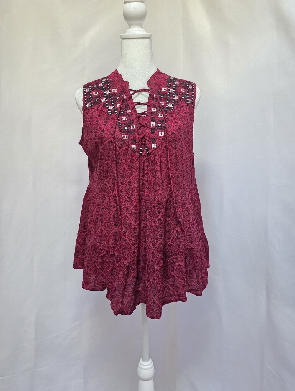 Style & Co Petite Medium Boho Lace Up Sleeveless Babydoll Top Petite M.